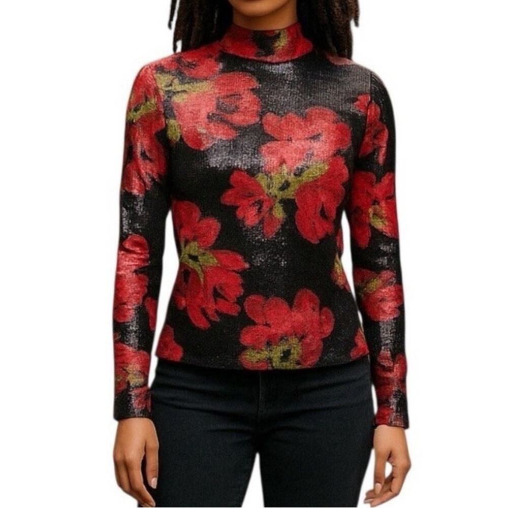 NICOLE MILLER Floral Sequin Women's Top Blouse Size large long sleeve